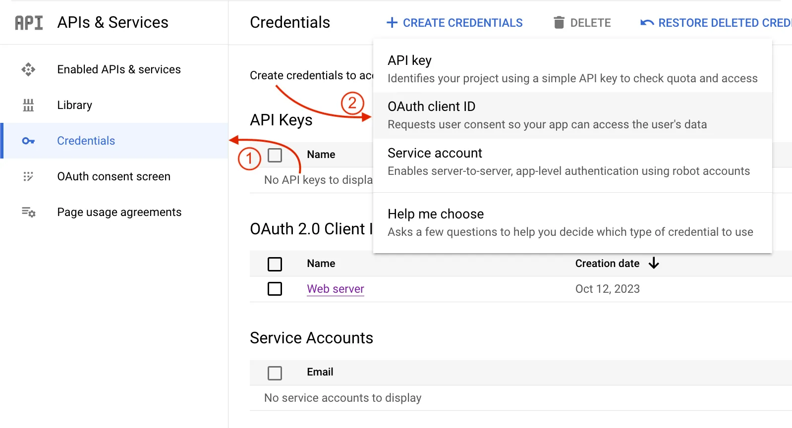 Google Console - Set up Credentials