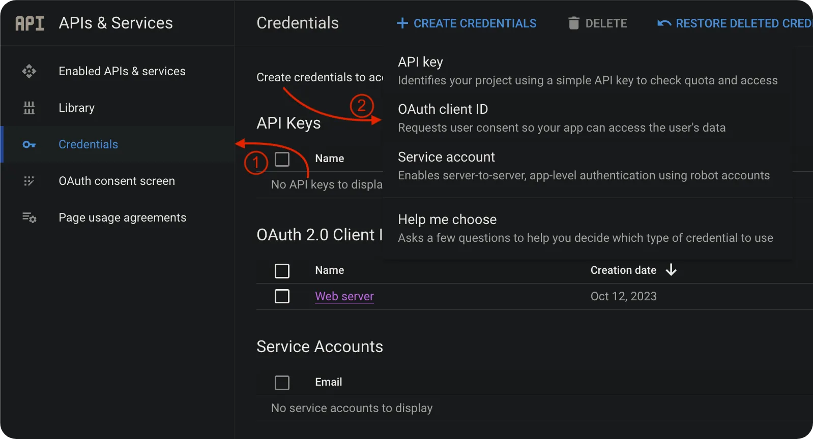 Google Console - Set up Credentials