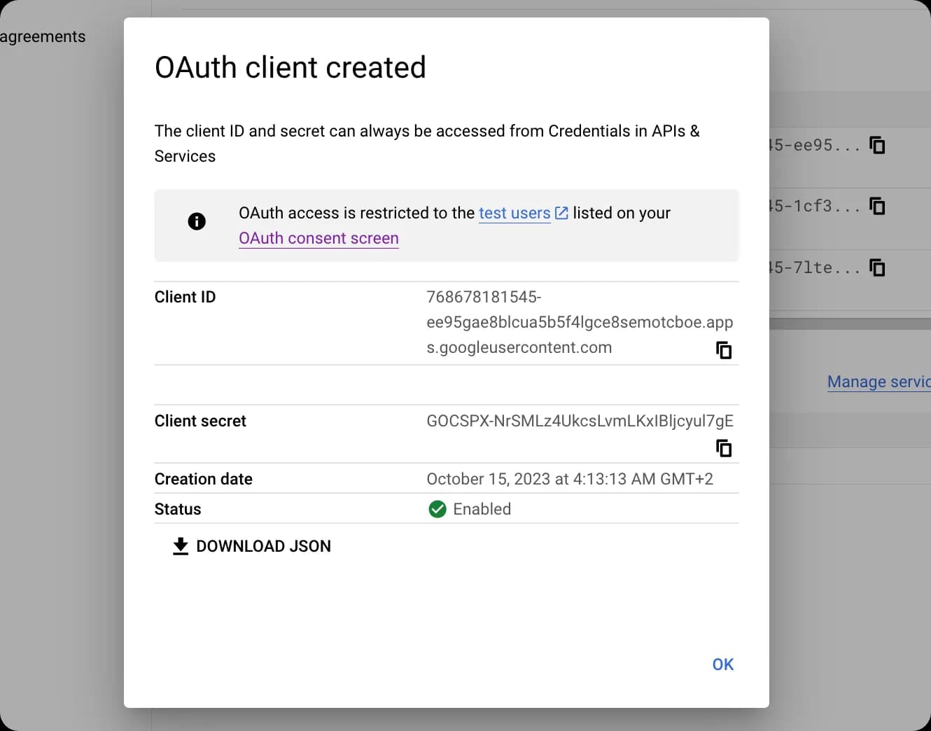 Google Console - Credentials Detail