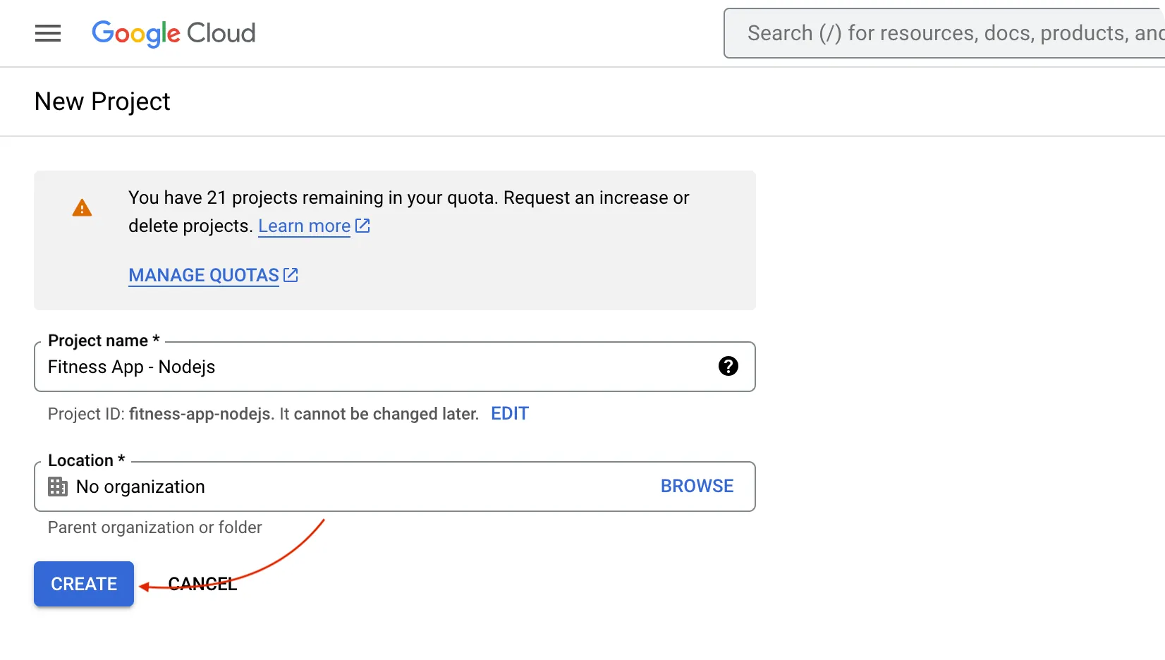 Google API Project Create Page