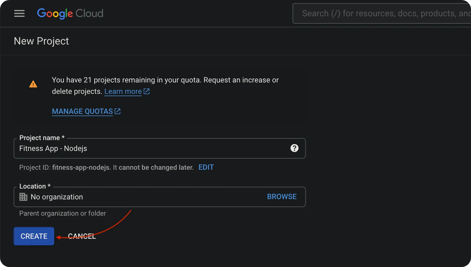 Google API Project Create Page