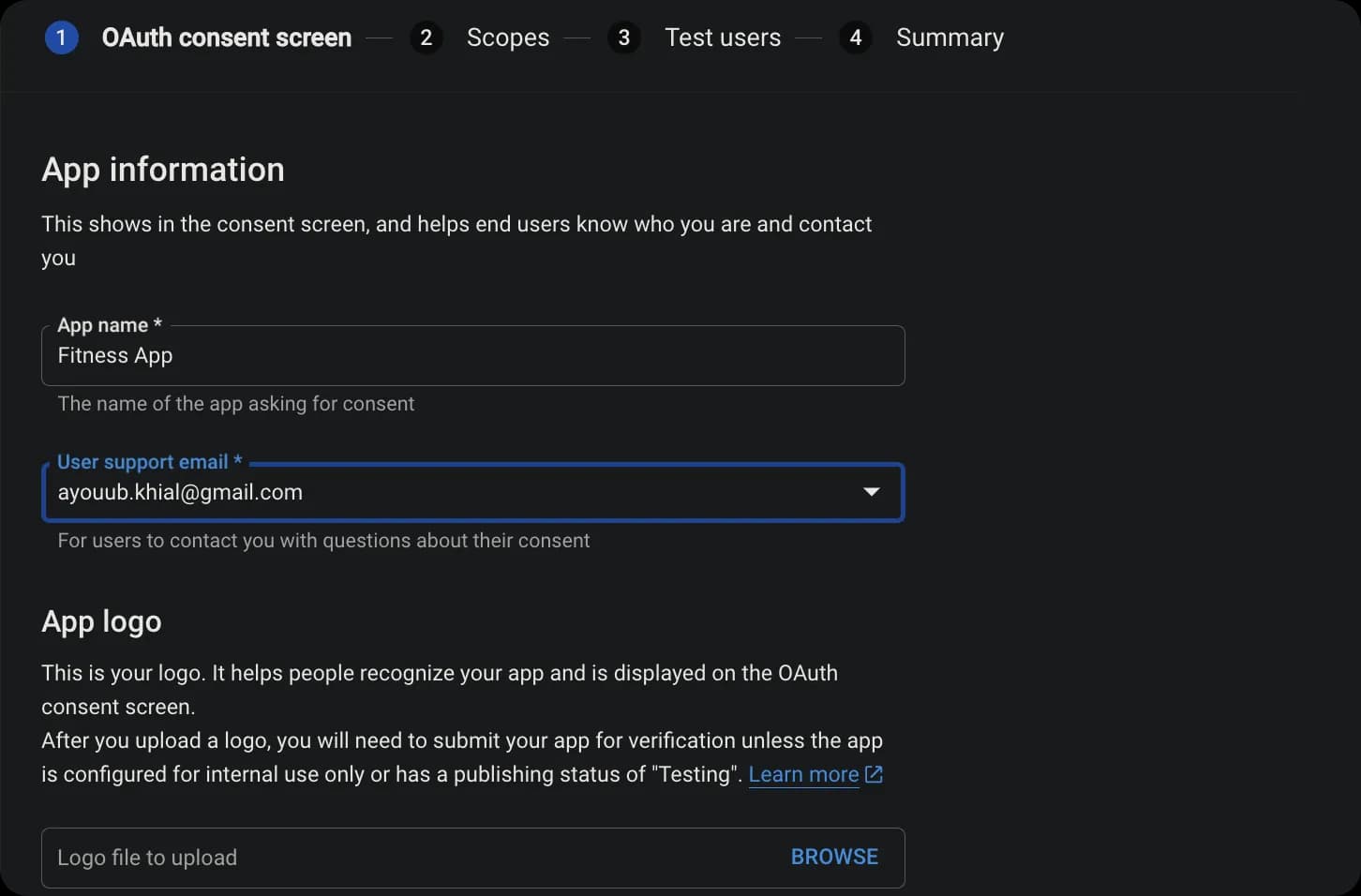 Google Console - OAuth Consent Screen Information