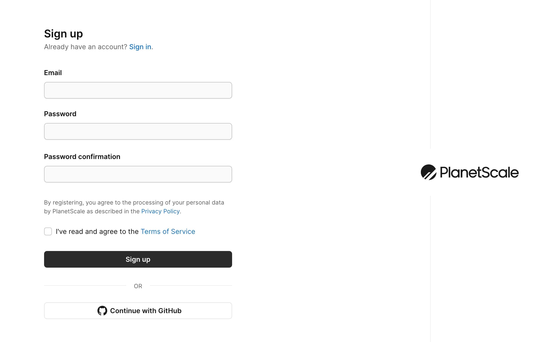 PlanetScale signup page