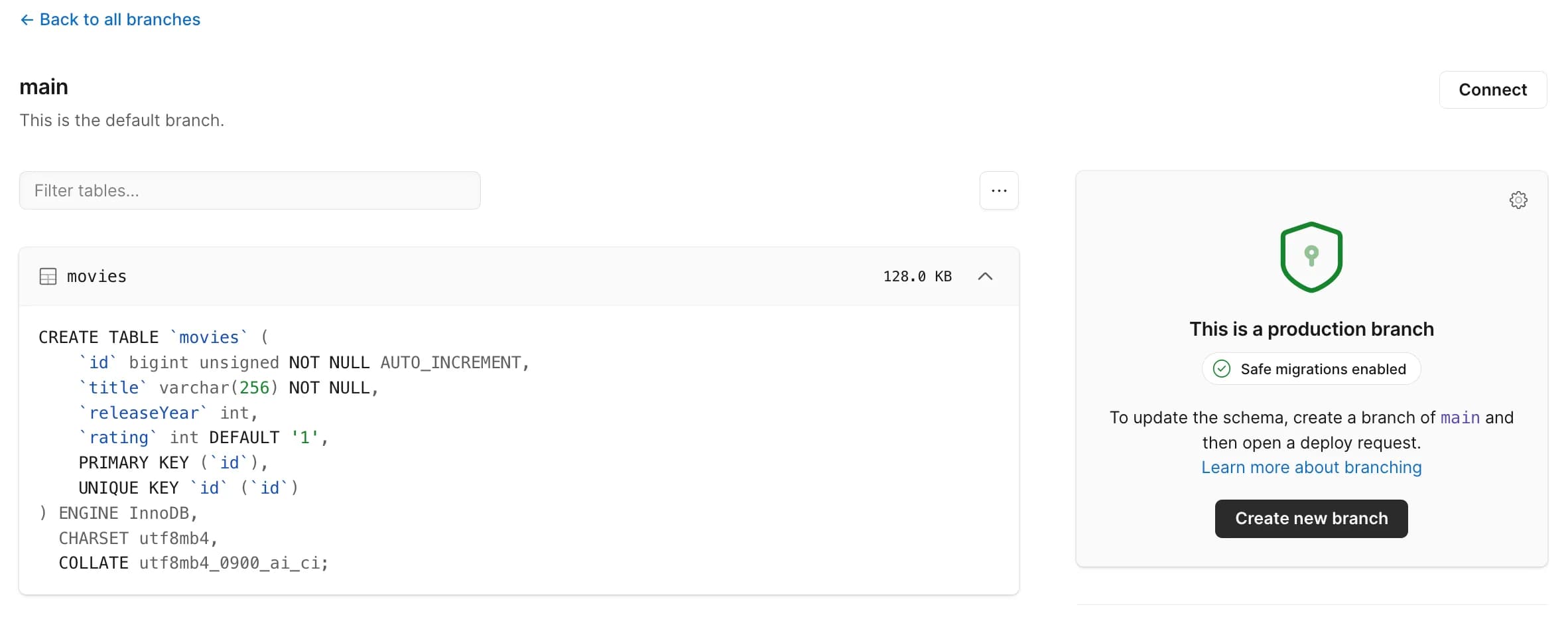 PlanetScale branch schema changes