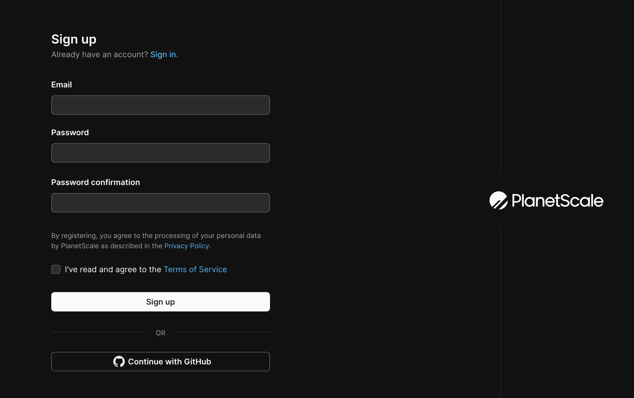 PlanetScale signup page