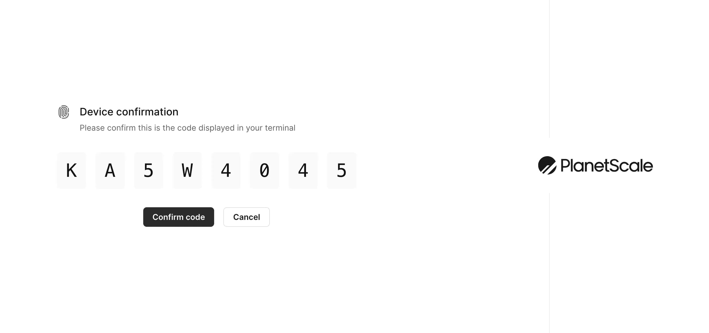 PlanetScale confirmation code