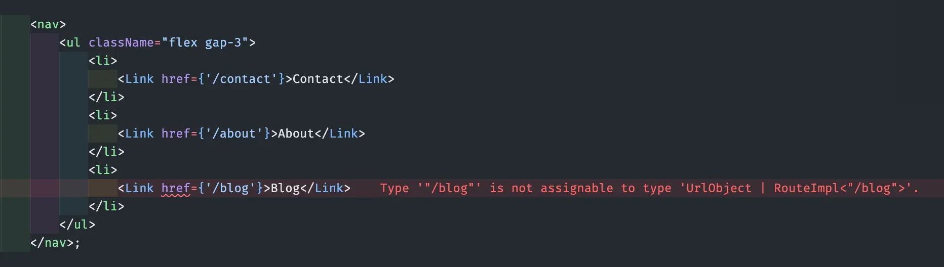 Screenshot of Visual Studio Code error if a route does not exist in Next.js app