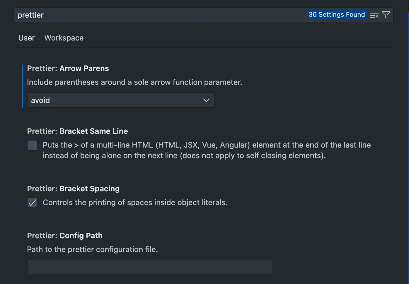 VSCode prettier settings