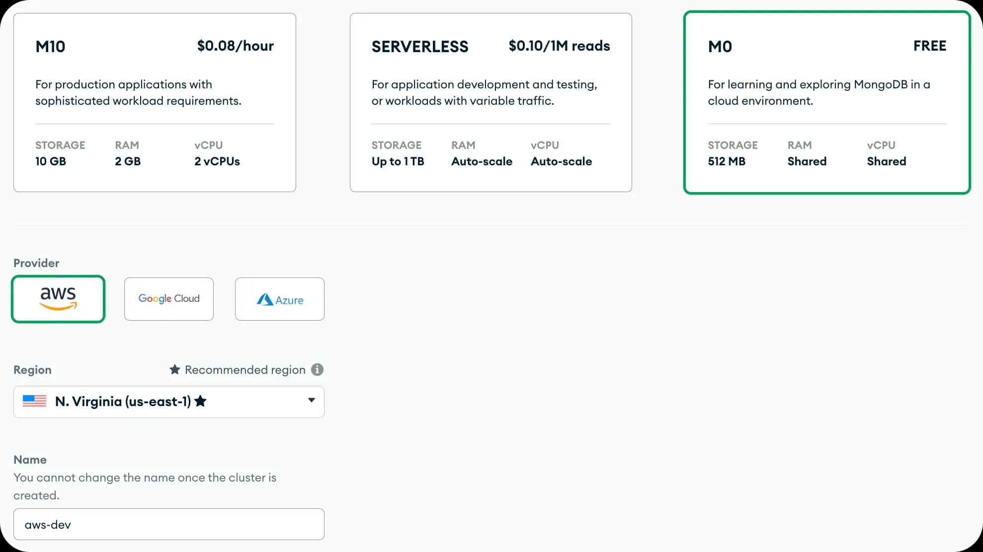 MongoDB Atlas - Setup cluster Plane, Provider, Region and Name