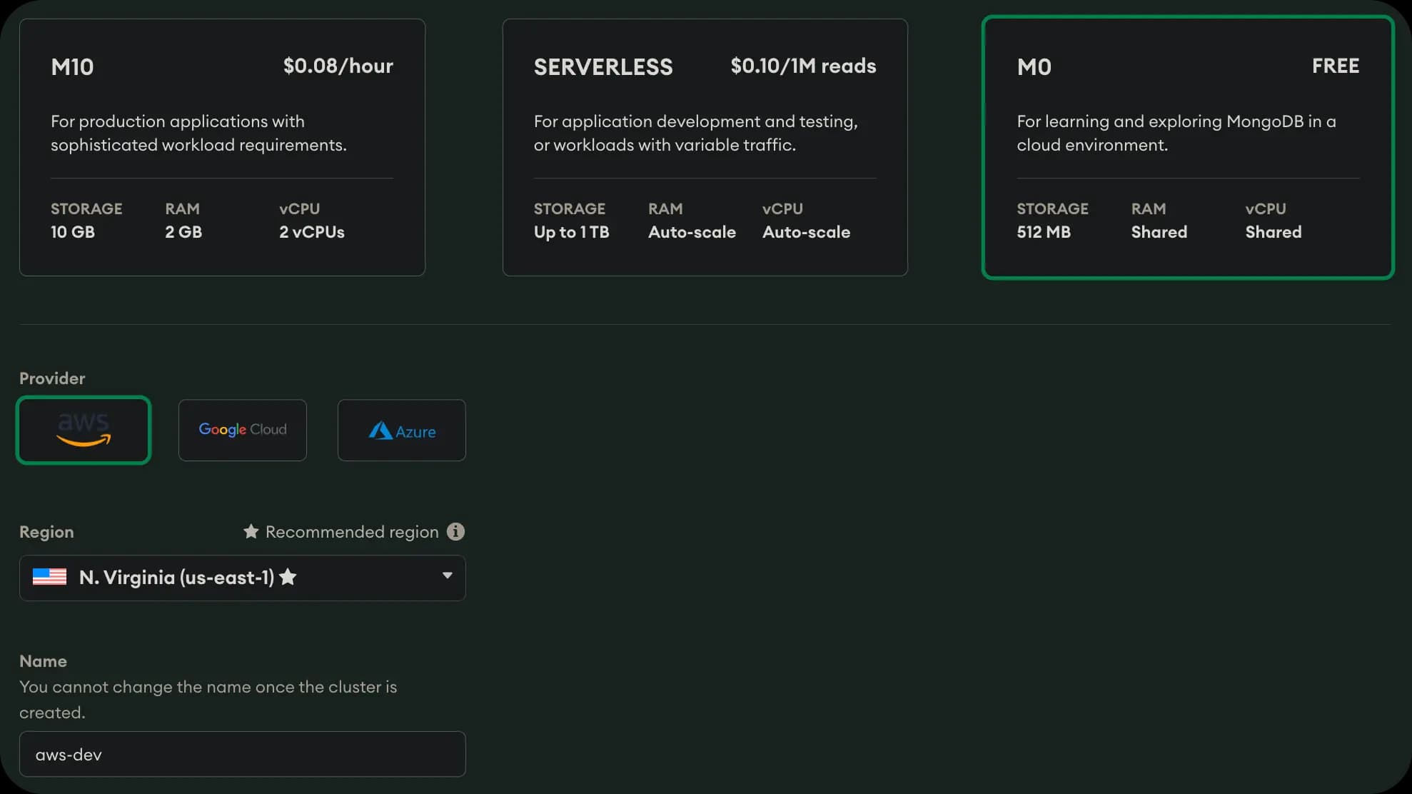 MongoDB Atlas - Setup cluster Plane, Provider, Region and Name