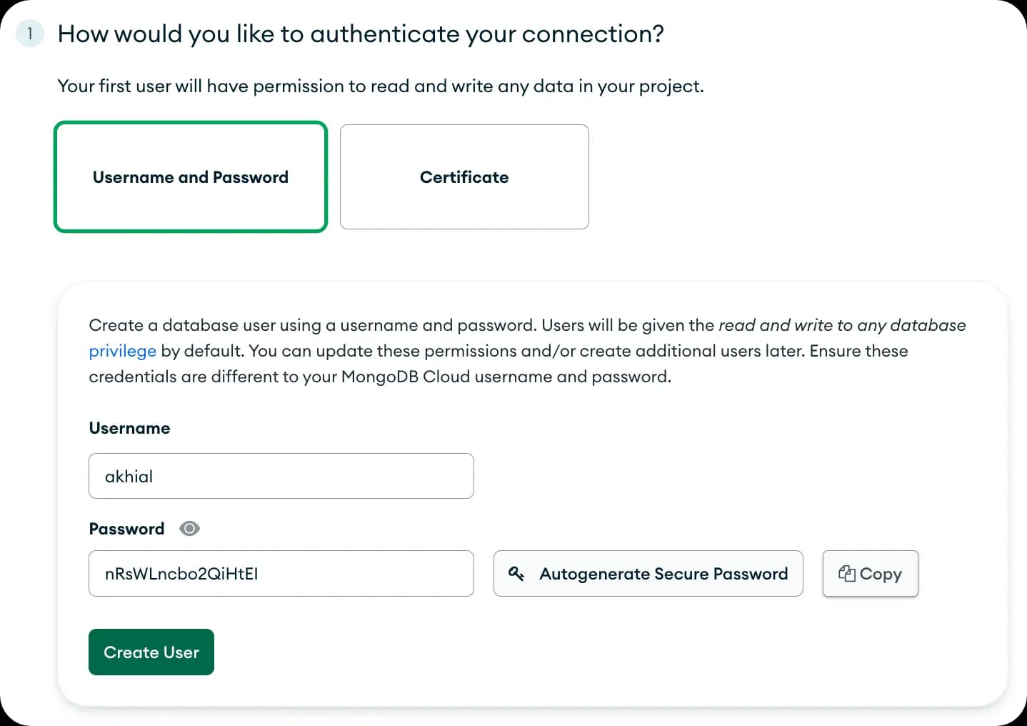 MongoDB Atlas - Setup Cluster username and password