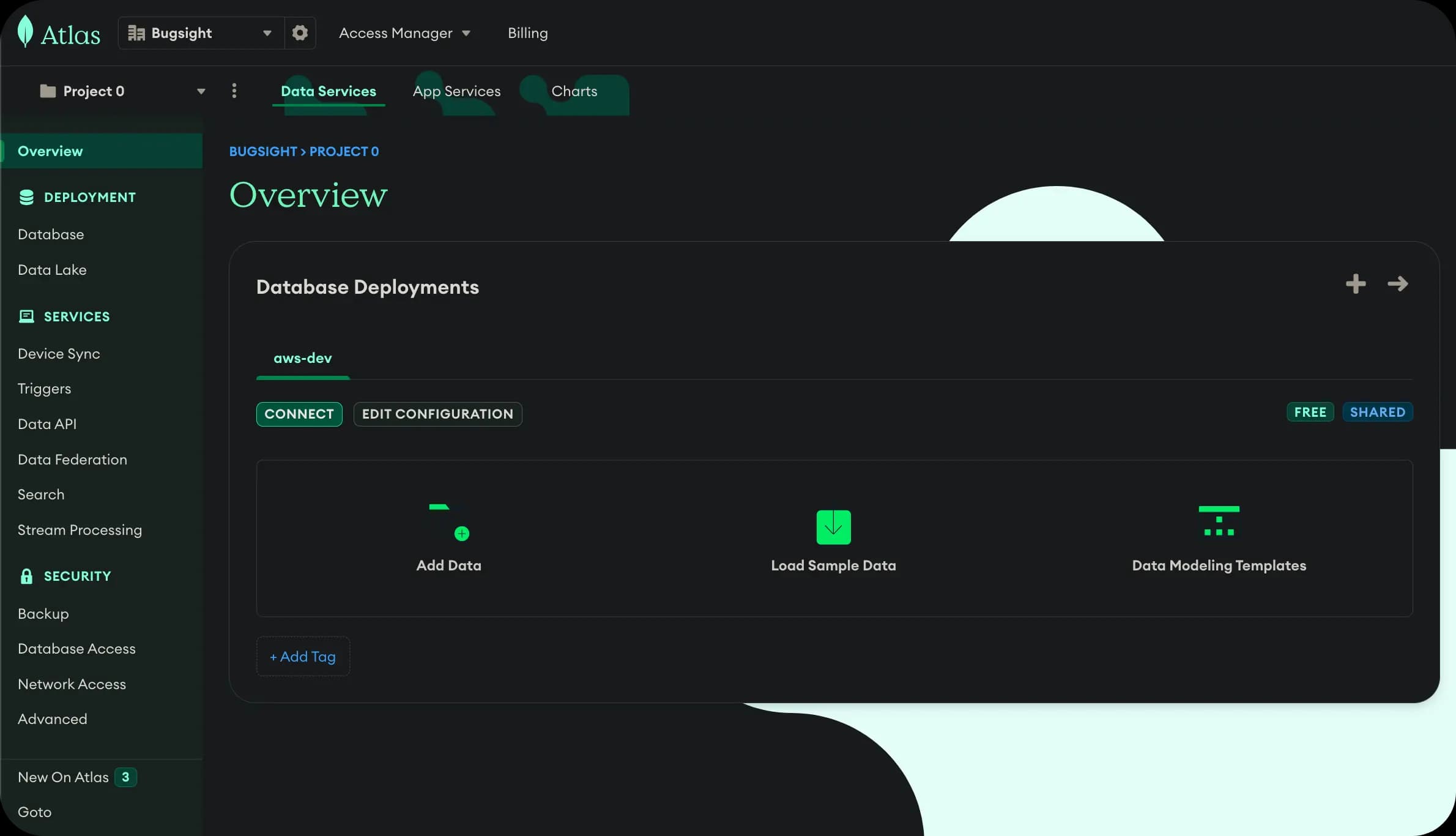 MongoDB Atlas - Dashboard overview