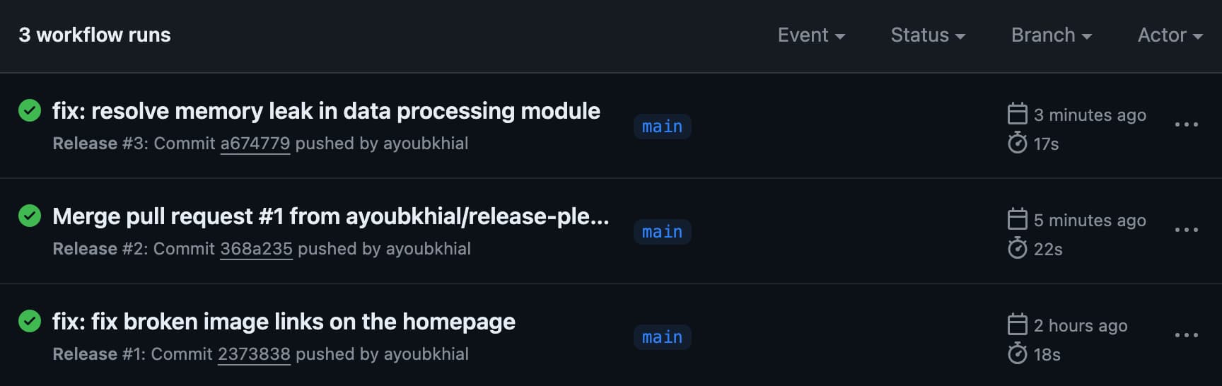 Screenshot showing the GitHub Actions tab with a successful workflow run triggered by a commit
