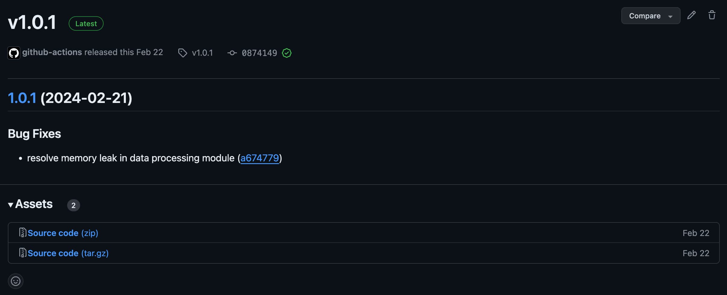 Screenshot showing the GitHub repository releases page with a new release created after merging the pull request
