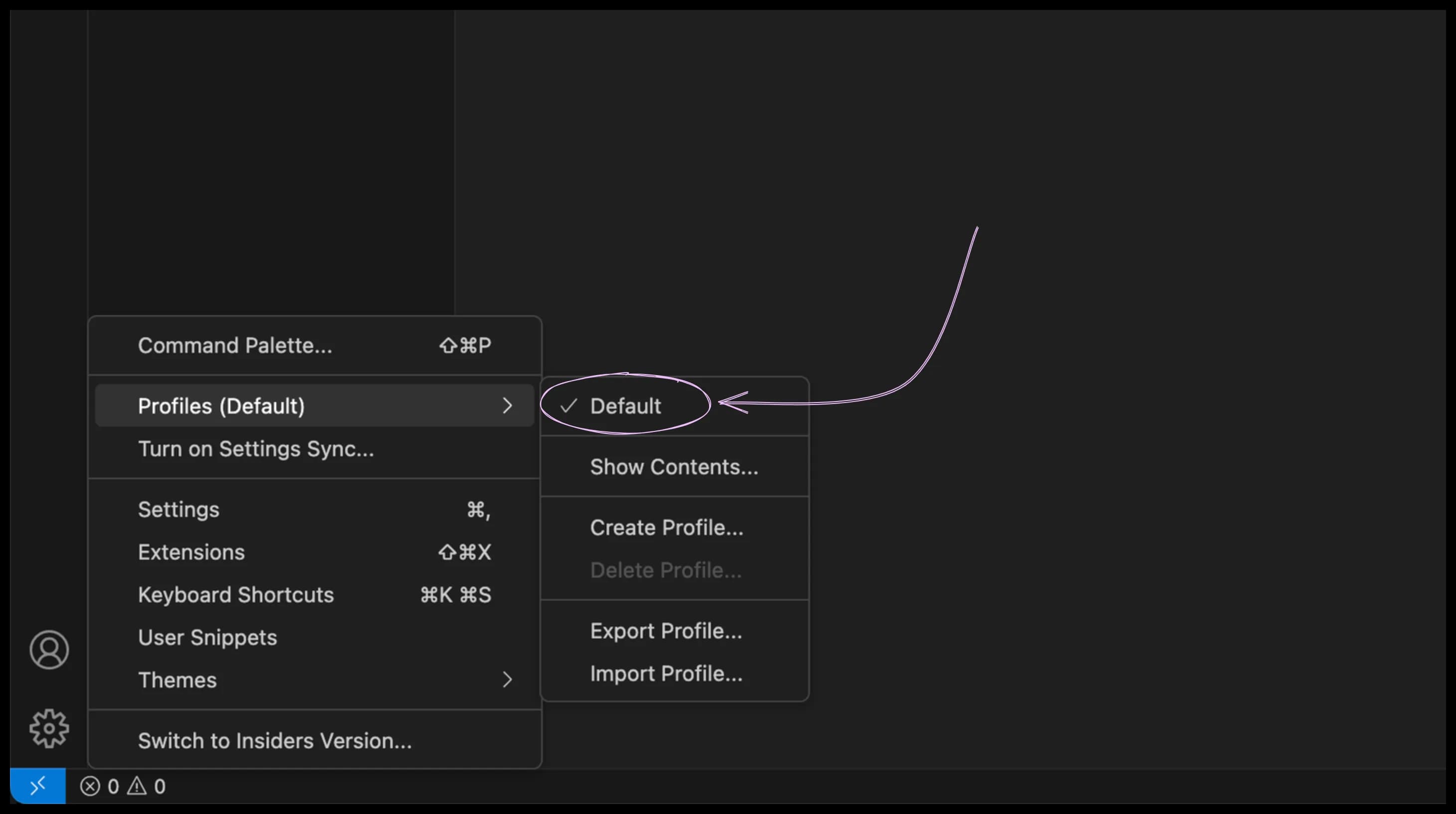 The default profile in VSCode