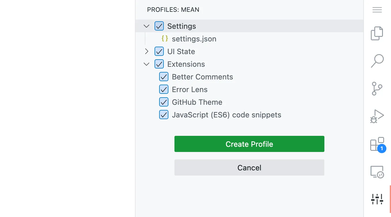 Import customization from the base profile when creating a new profile on VSCode