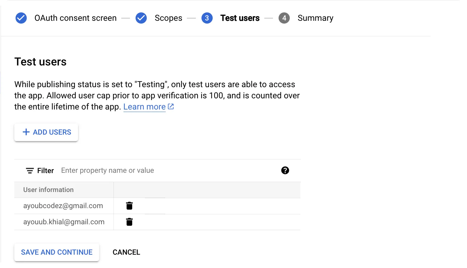 Google Console - OAuth Consent Screen Test Users