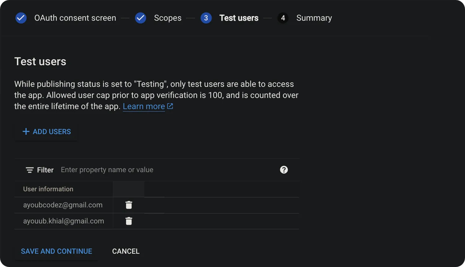 Google Console - OAuth Consent Screen Test Users