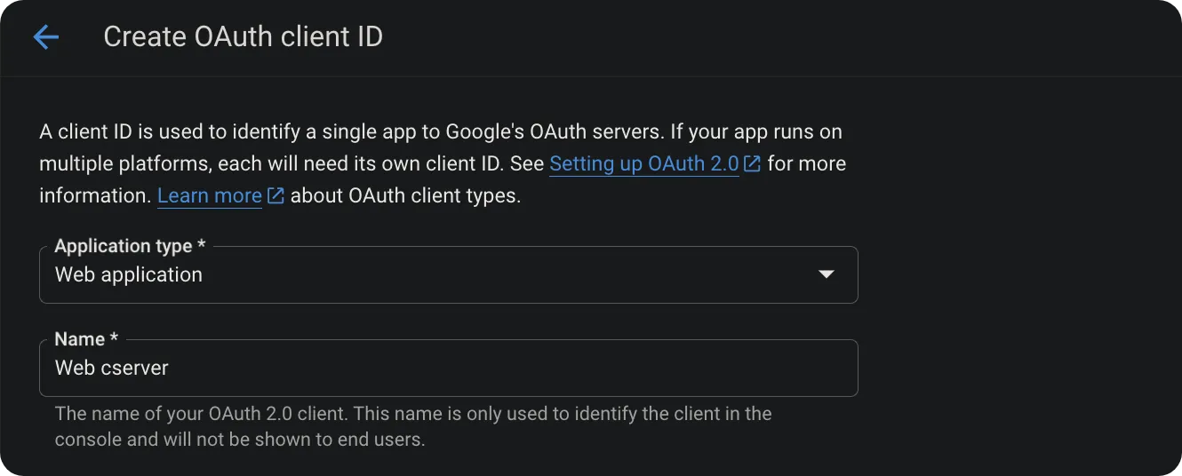 Google Console - Create OAuth Client ID