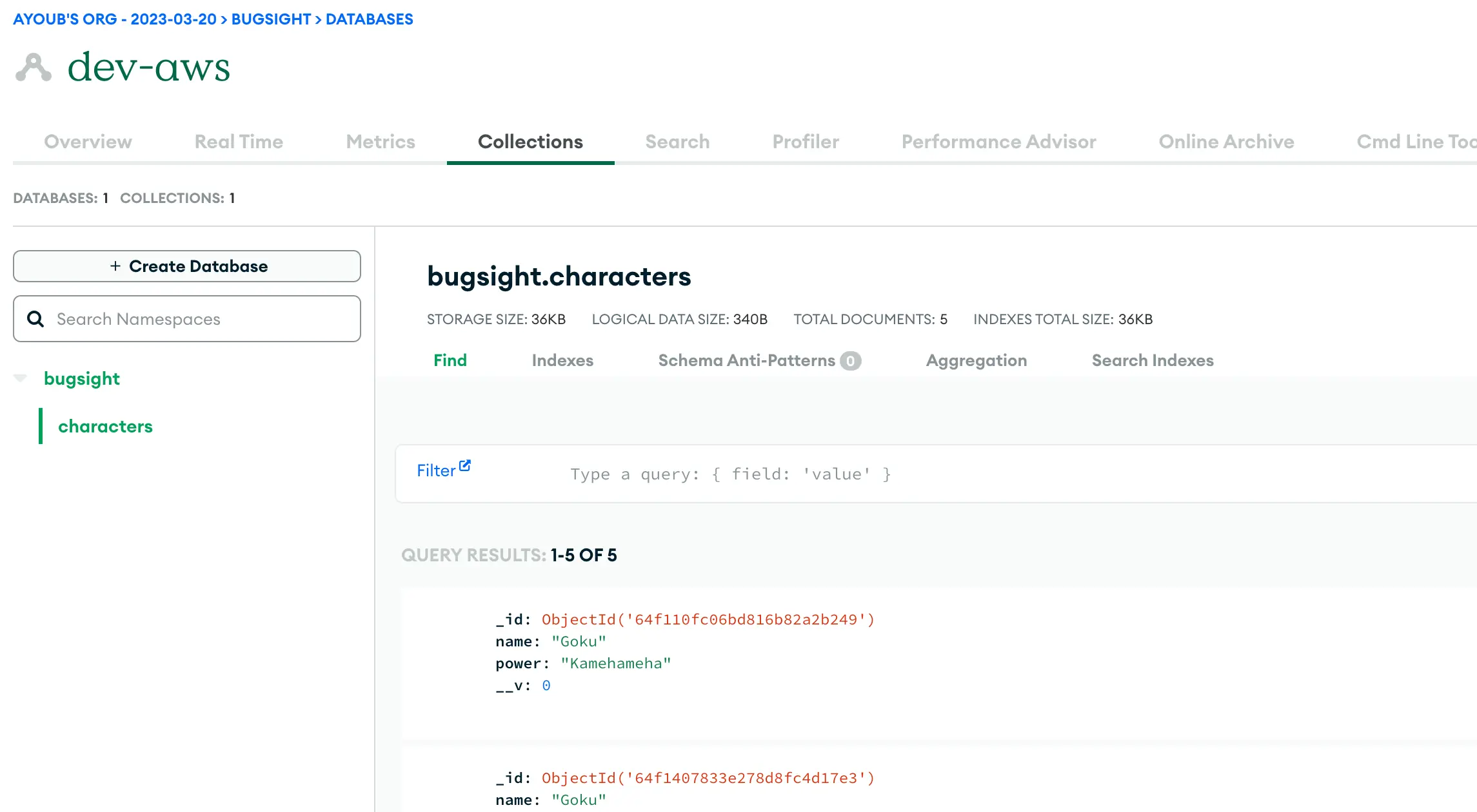 MongoDB Atlas - Database collections and documents