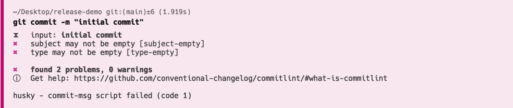 Screenshot showing the error message generated by Commitlint when a commit message does not adhere to the conventional commit format