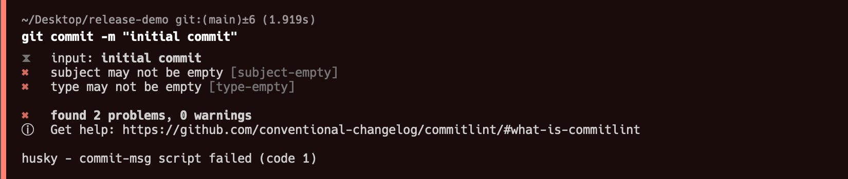 Screenshot showing the error message generated by Commitlint when a commit message does not adhere to the conventional commit format