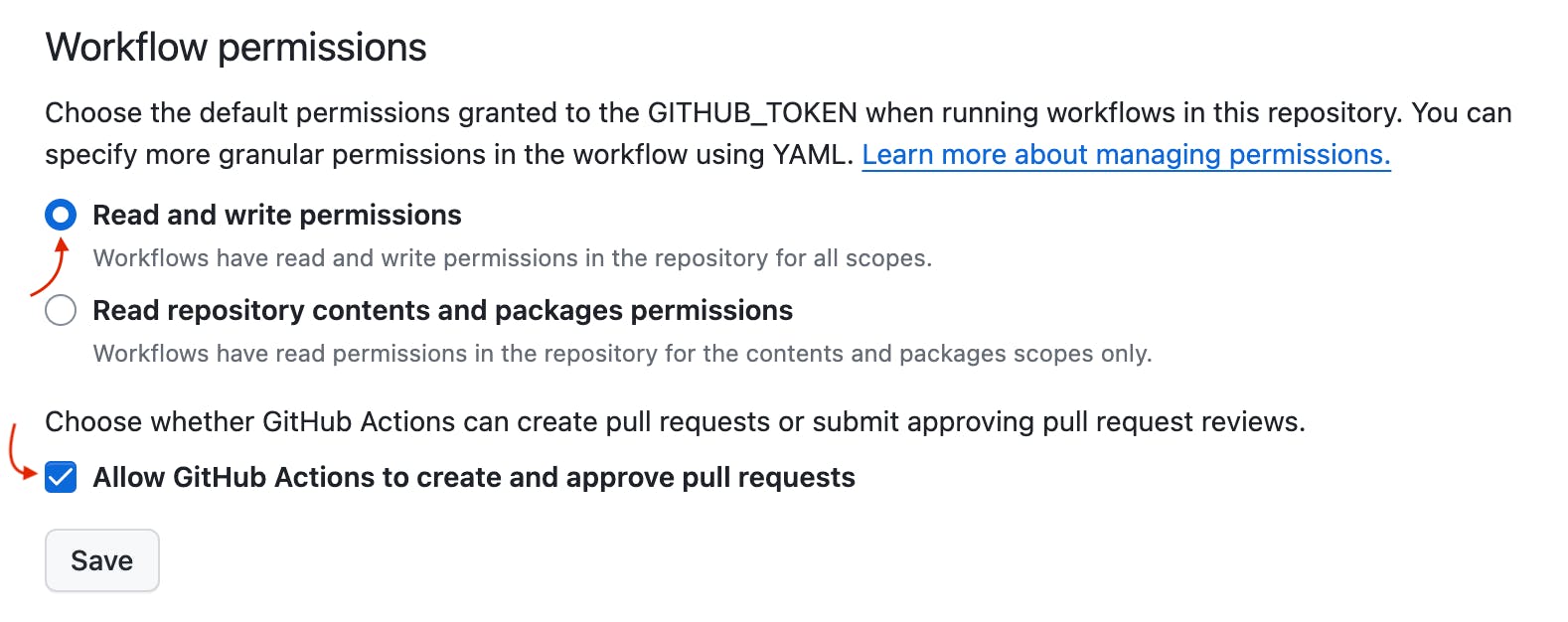 Screenshot showing the GitHub repository settings for configuring workflow permissions
