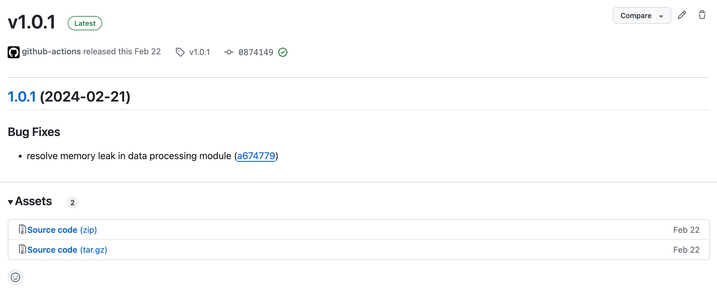 Screenshot showing the GitHub repository releases page with a new release created after merging the pull request